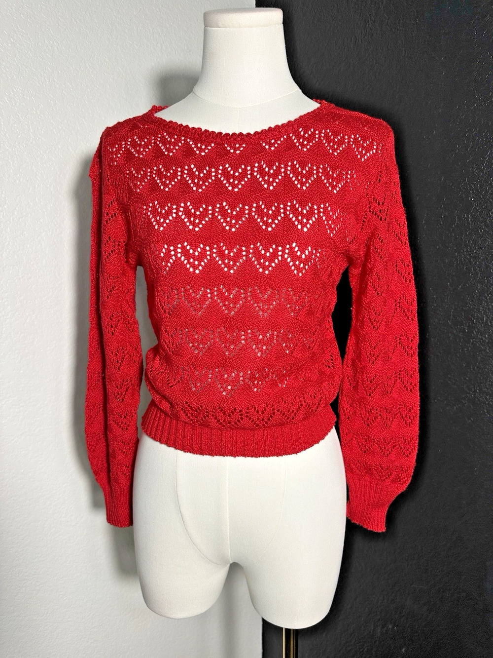 Vintage Vicki Lynn Red Open Knit Crochet Sweater Women’s S Made in USA